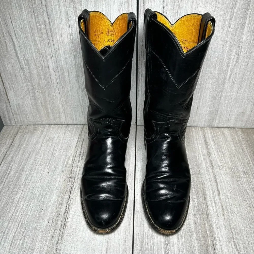 Justin Black Leather Round Toe Cowboy Boots Western Rodeo Youth Girls Size 4